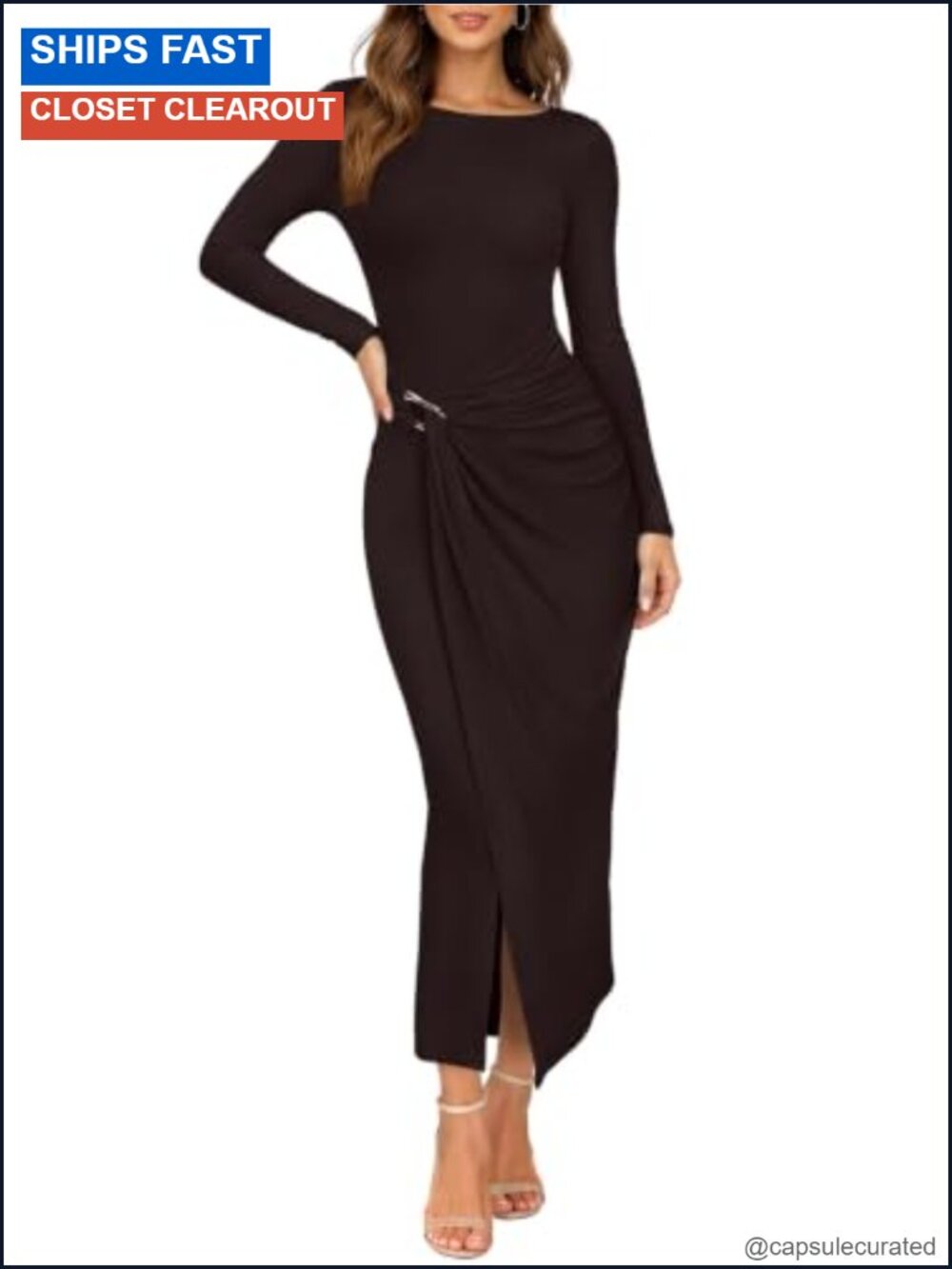 REORIA Women's Long Sleeve Ruched Boat Neck Bodycon Midi Dress